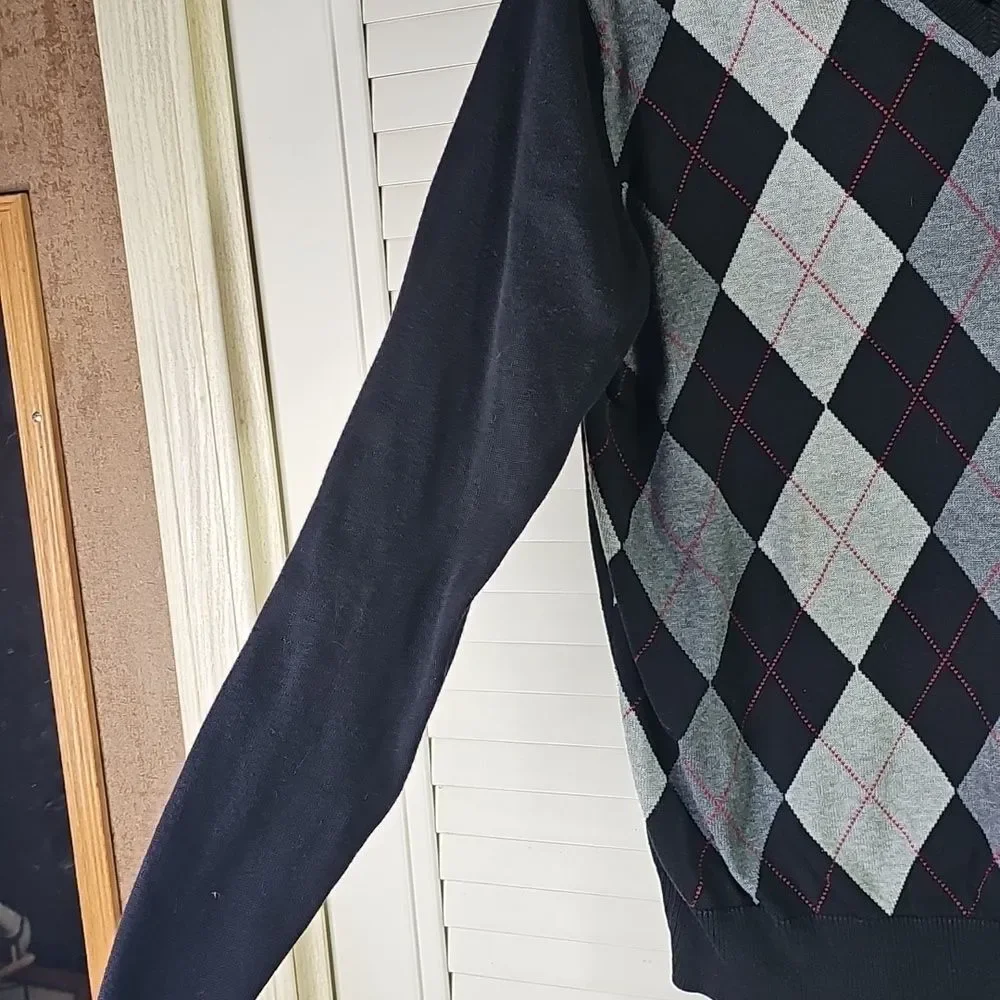 Men's Black and Gray Argyle Sweater By Michael Michael Kors Size Medium
